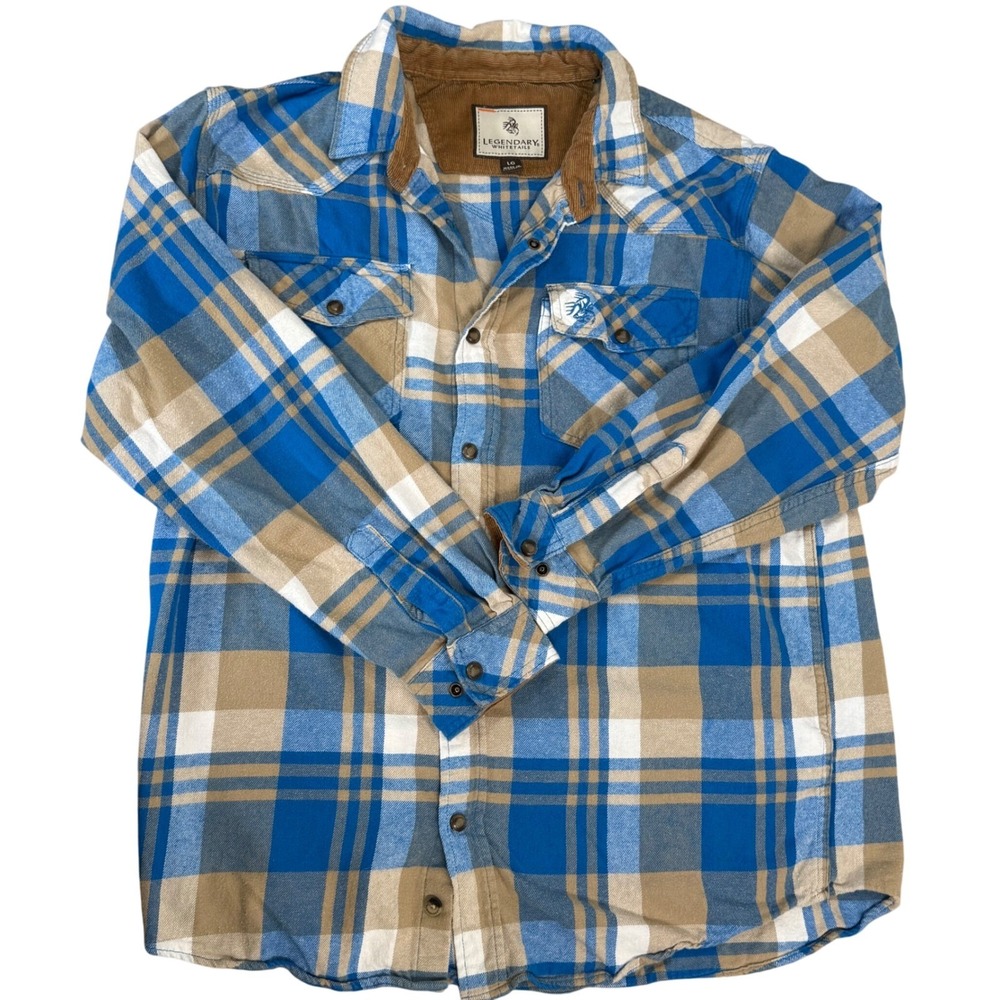 Legendary Whitetails Corduroy Plaid Flannel Shirt Men's  Blue Tan Large